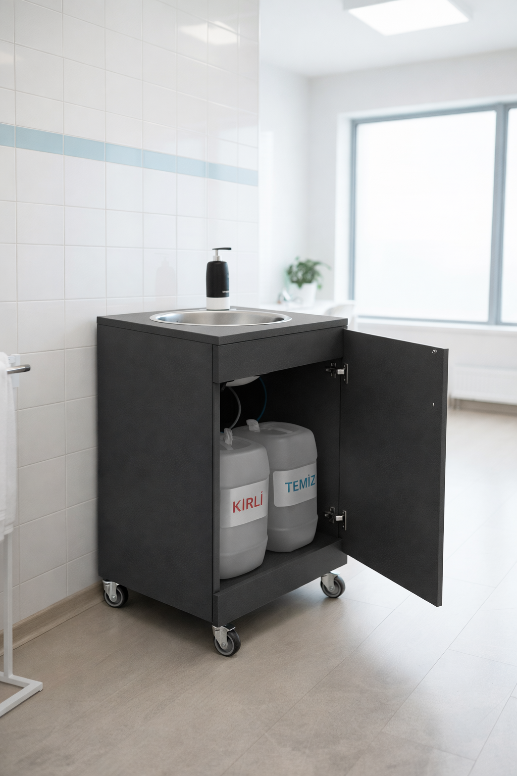 Taşınabilir Tekerlekli Seyyar Lavabo (Sağlık yönetmeliğine uygun) ANTRASİT