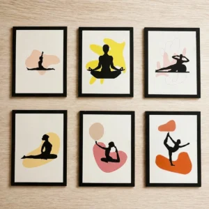 Minimalist Yoga & Pilates Temalı 6’lı Çerçeveli Tablo Seti – Modern Dekoratif Duvar Tablosu